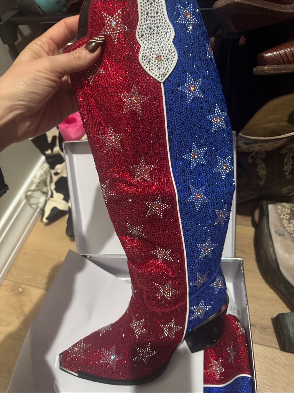 Embellished Red & Blue Over-the-Knee Star Boots
